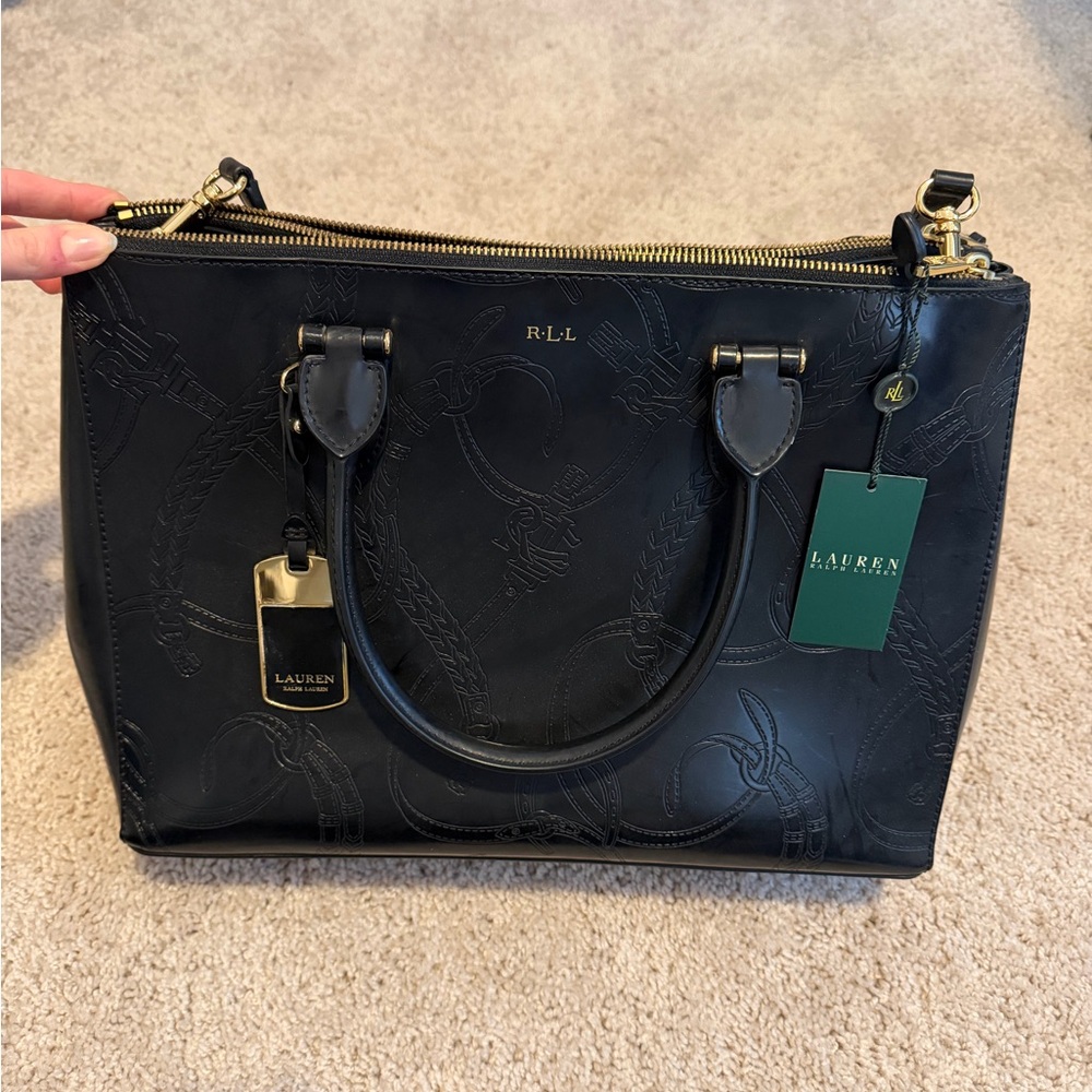 Lauren Ralph Lauren Winford Black Purse Tote Handbag Equestrian Print Bit Bridle